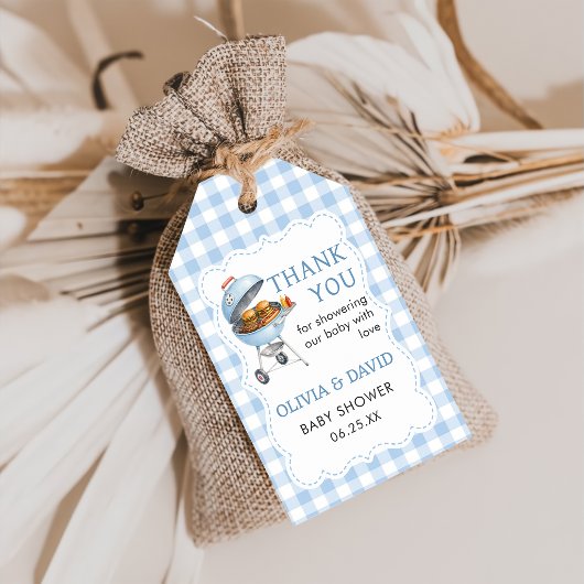 Étiquette cadeau Baby Shower Blue Gingham Burger B