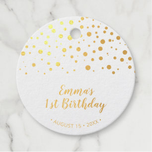 Étiquette-cadeau Ballon Or et Rose, Confettis 1er Anniversaire Feui