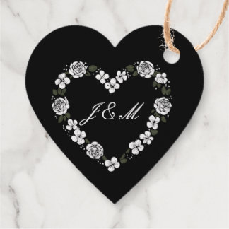 Étiquette-cadeau Black & White Floral Heart Wedding Favor Box