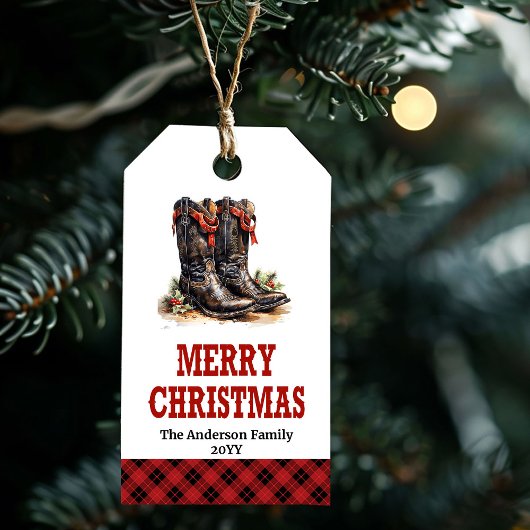 Étiquette cadeau bottes de cowboy rustiques rouge