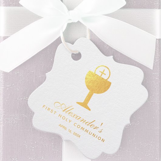 Étiquette-cadeau Calice de première communion en or avec calligraph