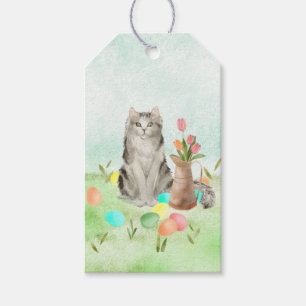 Étiquette cadeau chat avec tulipes et oeufs de Pâq