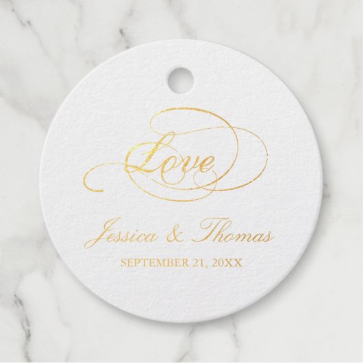 Étiquette-cadeau Chic Gold Foil Love Script Wedding Favor Modèle (Devant)