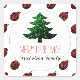 Étiquette cadeau coccinelle + sapin de Noël vert s