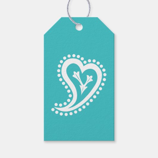 Étiquette Cadeau Cœurs Paisley Turquoise (Devant)