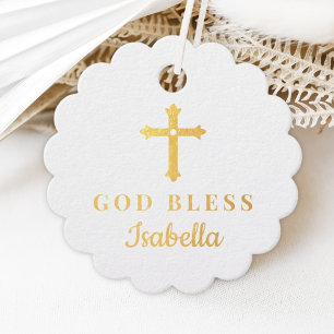 Étiquette-cadeau Croix d'or Dieu Bénie Baptême Religieux Bébé