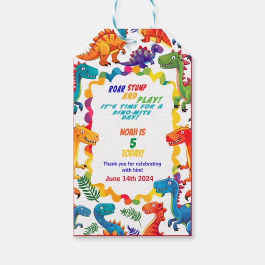 Étiquette cadeau d'anniversaire de dinosaure aux c (Devant)