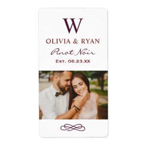 Étiquette Cadeau de mariage vin monogramme rouge foncé rusti