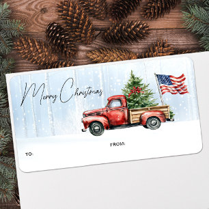 Étiquette Cadeau de Noël Joyeux camion rouge vintage patriot