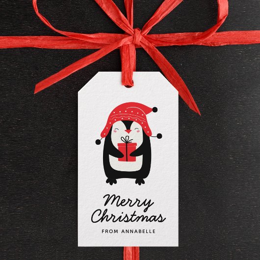 Étiquette cadeau de Noël Joyeux script de pingouin