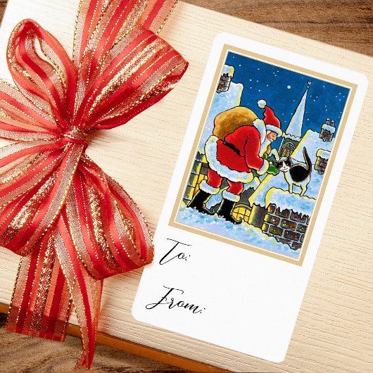 Étiquette cadeau de Noël Père Noël Chat