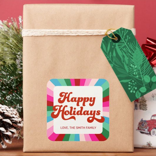 Étiquette cadeau de Noël Retro Festive Rainbow Ros