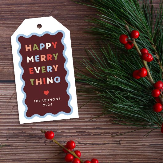 Étiquette cadeau de Noël rouge joyeuse ondulée et