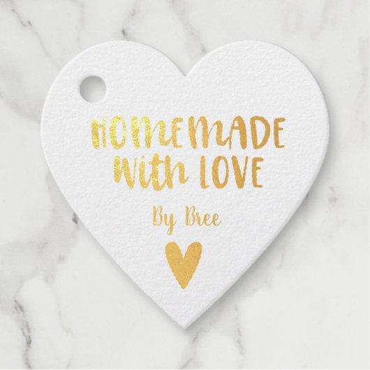 Étiquette-cadeau Fabriqué avec l'amour Gold Foil Coeur Favoriser Ta (Devant)