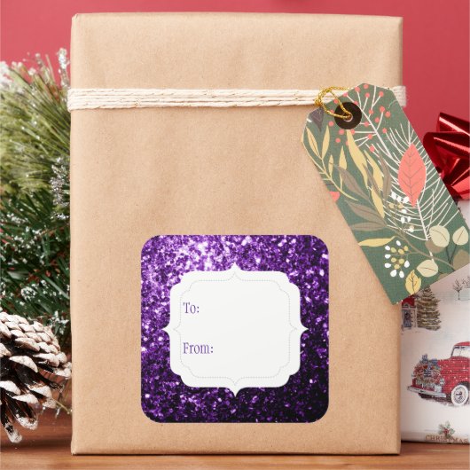 Étiquette cadeau faux paillettes violet foncé (vacances)