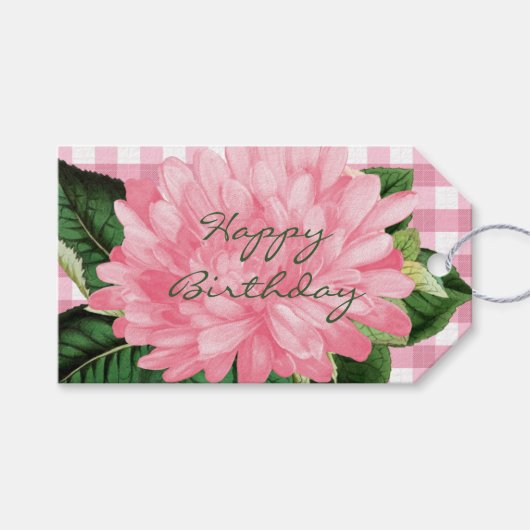 Étiquette Cadeau Fleur Rose & Motif Gingham (Devant (Horizontal))