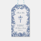 Étiquette cadeau fleur toile bleue baptême (Devant)
