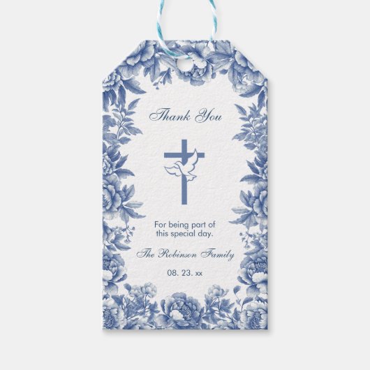 Étiquette cadeau fleur toile bleue baptême (Devant)