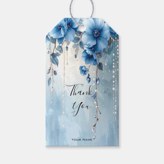 Étiquette Cadeau Fleurs Bleues et Perles (Devant)