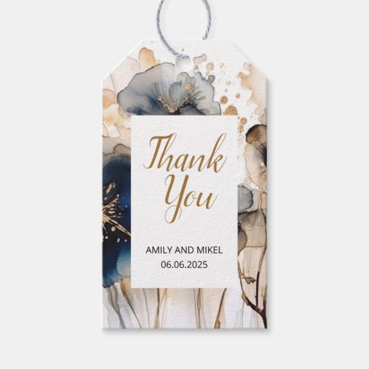 Étiquette Cadeau Fleurs Dorées Bleu Marine Aquarel (Devant)