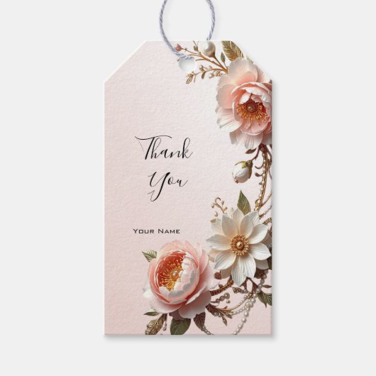 Étiquette cadeau fleurs roses et blanches décorati (Devant)