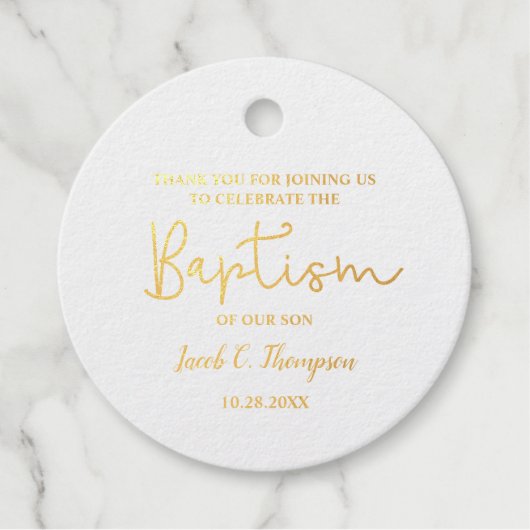 Étiquette-cadeau Gold Custom Modern Script Nom bébé garçon baptême (Devant)