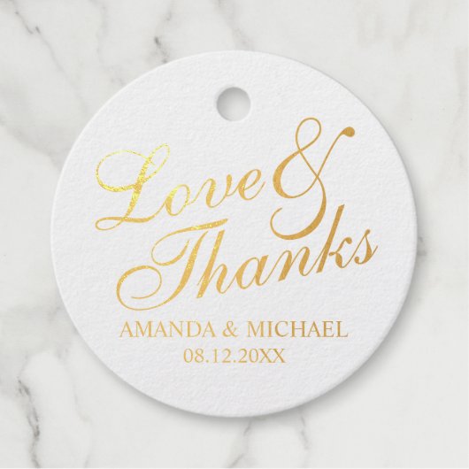 Étiquette-cadeau Gold Foil 'Amour & Merci' Mariage élégant (Devant)