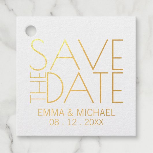 Étiquette-cadeau Mariage Gold Foil moderne Enregistrer la date (Devant)