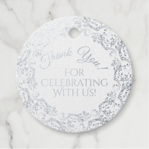 Étiquette-cadeau Merci Mariage à huile d'argent et à dentelle bleue