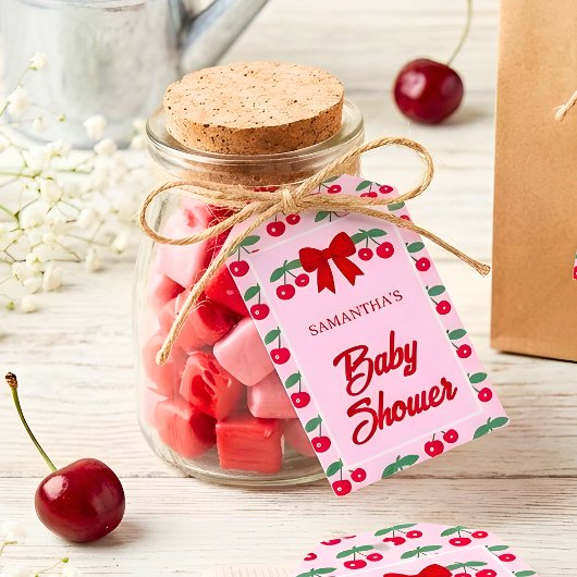 Étiquette Cadeau Naissance Cerise avec Ruban Gingh