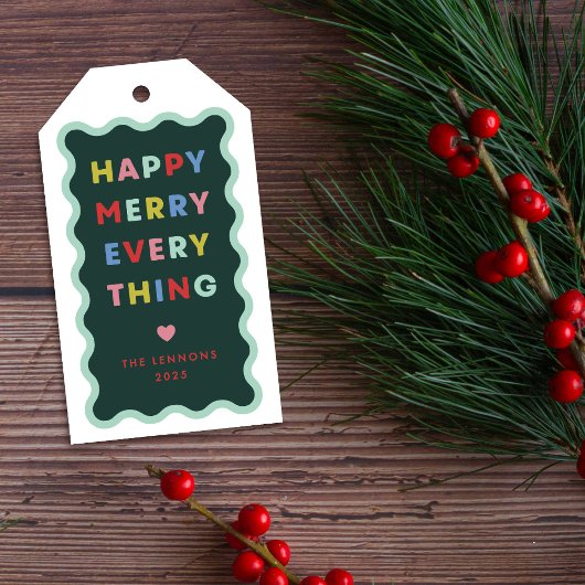 Étiquette cadeau Noël vert joyeux vagues joyeuses