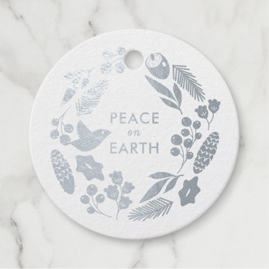 Étiquette-cadeau Oiseaux et fleurs Wreath hiver Silver Foil Noël (Devant)