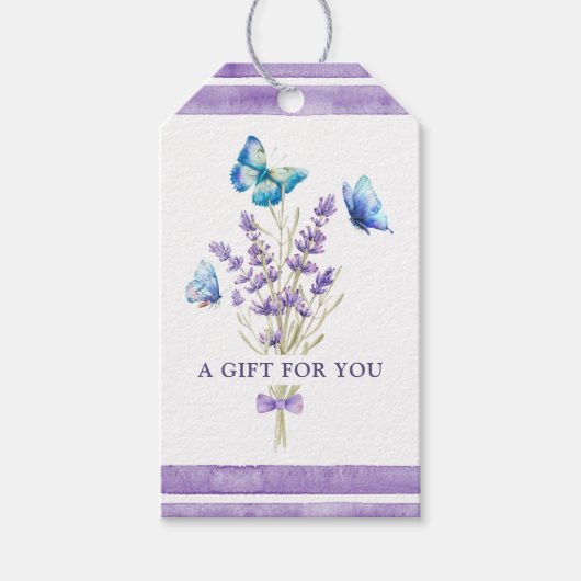 Étiquette cadeau papillons bleus et lavande (Devant)