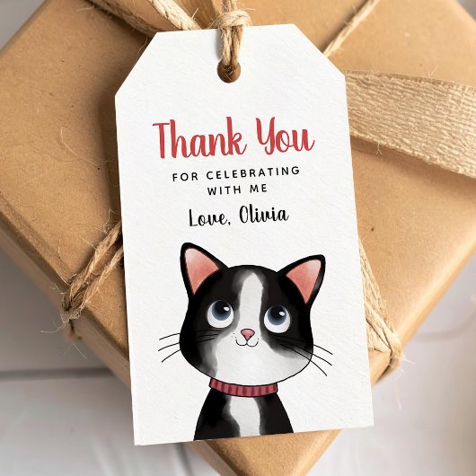 Étiquette cadeau petit chat noir et blanc merci