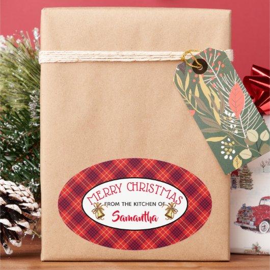 Étiquette Cadeau Plaid Rouge Festif & Cloches (vacances)