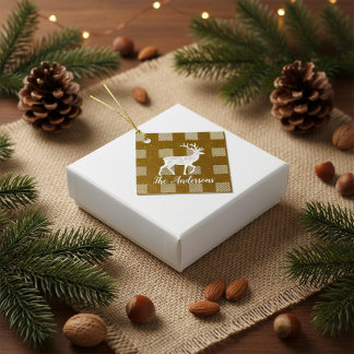 Étiquette-cadeau Rouge Buffalo Plaid & Renne | Nom personnel 