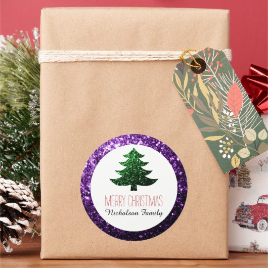 Étiquette cadeau sapin de Noël vert violet foncé s (vacances)