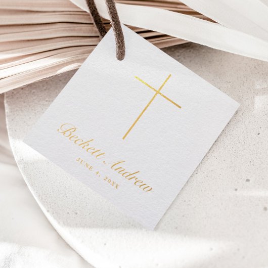 Étiquette-cadeau Simple Croix de Baptême en écriture dorée
