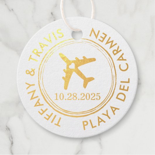 Étiquette-cadeau Thème Voyage Timbre Passeport VRAI FOIL (Devant)