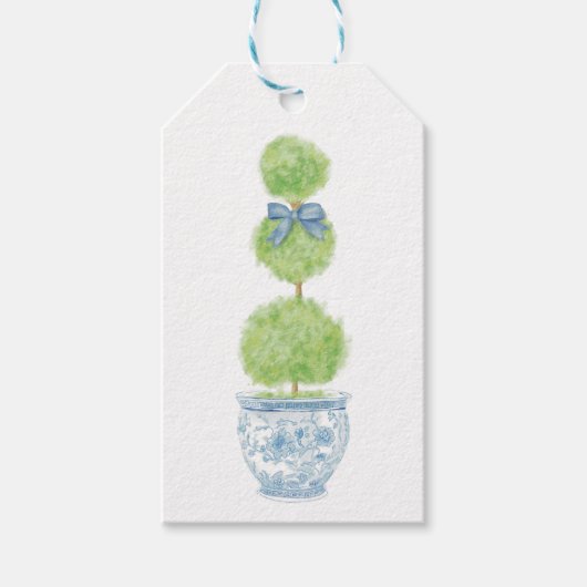 Étiquette Cadeau Topiaire Ruban Bleu Chinoiserie (Devant)