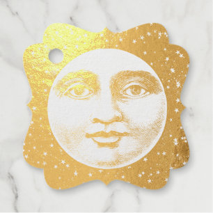 Étiquette-cadeau Vintage homme dans la lune pleine face feuille d'o