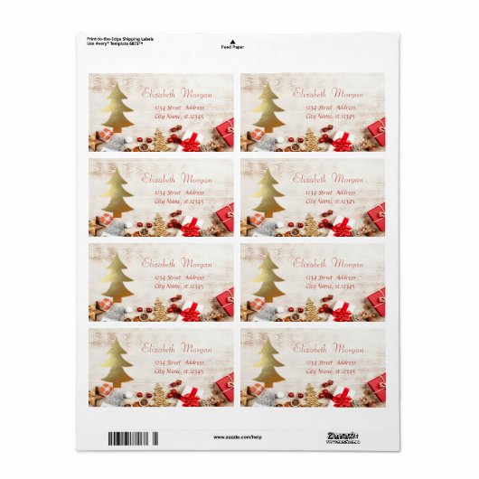 Étiquette Cadeaux de Noël, Arbre d'or, Texture de bois (Feuille entière)