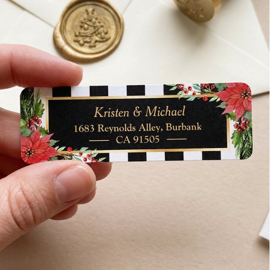 Étiquette Cadre classique de Noël Poinsettia Floral Or