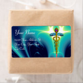 Étiquette CADUCUS D'OR, améthyste vibrant, bleu aqua, turquo (En situation)