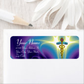 Étiquette CADUCUS D'OR, bleu aqua vibrant, violet (En situation)