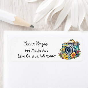 Étiquette Caméra vintage avec aquarelle de jolies fleurs