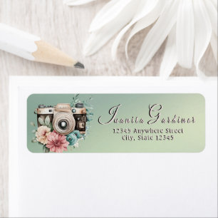 Étiquette Caméra vintage & Floral Dusty rose & Fleur Turquoi
