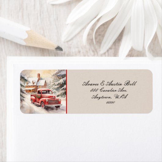 Étiquette Camion rouge vintage et ferme (En situation)