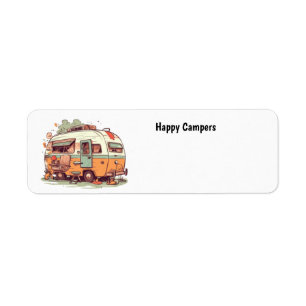 Étiquette caravane de campeurs heureux