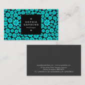 Étiquette carré 01a - 8 pétales - Cyan sur noir (Devant / Derrière)